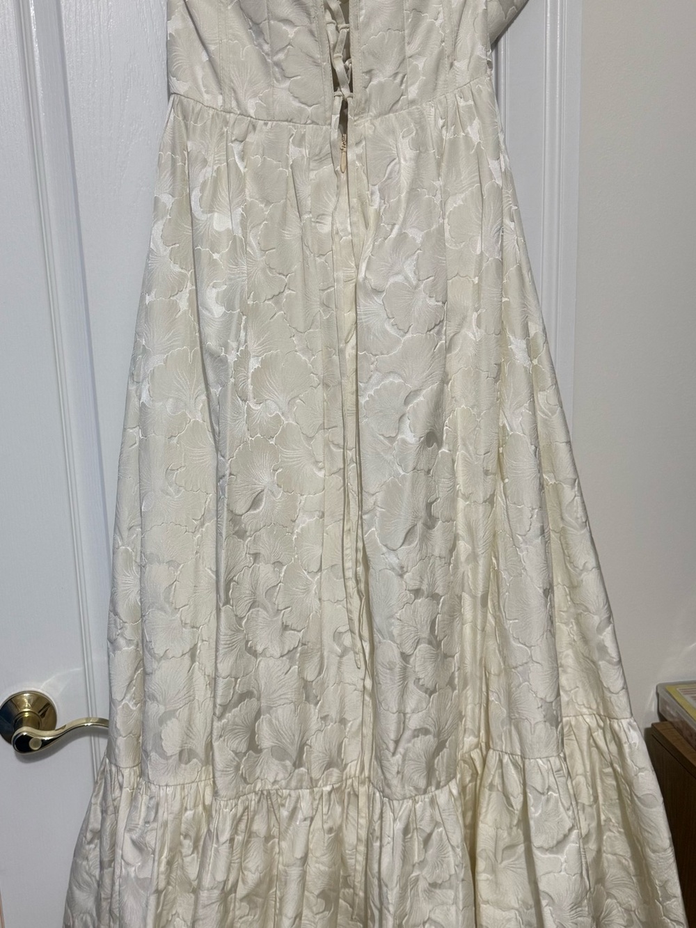 Strapless Off White Jacquard Maxi Dress with Side Slit and corset back - Picture 3 of 4